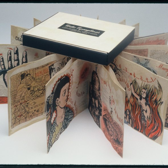 accordion-fold artists' book with interwoven text and images displayed in the round